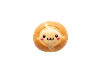 Obraz premium A round, golden-brown bread roll features a cute kawaii face, bringing a playful and cheerful atmosphere.