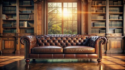 Serene Leather Chesterfield Sofa in a Sunlit Library