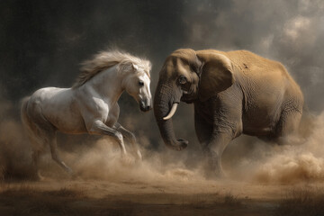Fototapeta premium A dramatic showdown unfolds as a massive elephant battles a powerful horse in a fierce struggle for dominance.