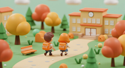 Adorable cartoon kids walking to school happy autumn day back to school education childhood friends  students learning knowledge elementary school campus
