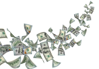 Cascading banknotes flowing upward forming a dynamic curve of wealth and financial growth transparent background