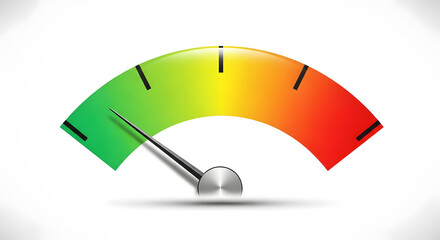 Gauge Chart: Close-up of a gauge chart with a needle and a colored scale, no numbers, on a pure white background. HD, high quality, photorealistic.