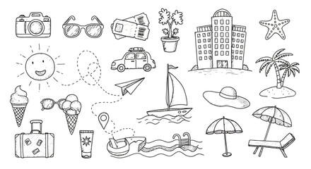 A Collection of Hand-Drawn Illustrations Depicting a Summer Vacation with Various Travel and Leisure Elements