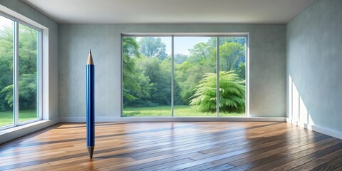 Naklejka premium Giant Pencil in a Sunlit Room with Wooden Floor and Green View