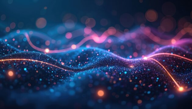 Abstract illustration of glowing neural network with vibrant light pathways processing multilingual data. Blue, purple particles create fractal space texture with swirling motion, resembling