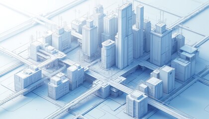 Abstract isometric cityscape blueprint in white, blue architectural style. Modern city layout with geometric structures, lines, networks represents future urban planning, technological infrastructure.