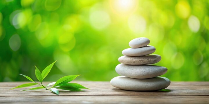 Serene Stacked Stones and Lush Green Foliage on Wooden Surface