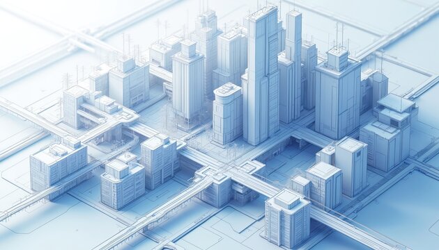 Abstract isometric cityscape blueprint in white, blue architectural style. Modern city layout with geometric structures, lines, networks represents future urban planning, technological infrastructure.