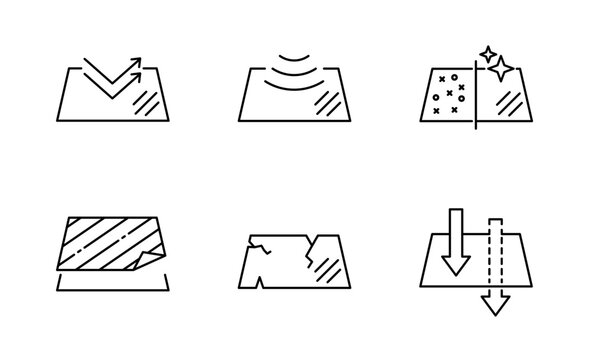 Set of Glasses properties icon Glass features heat reflective, uv protection Symbol Outline icon, Editable Stroke