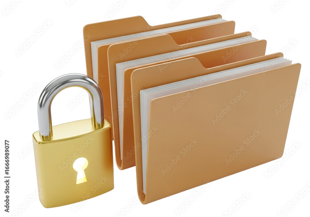 Poster secure data storage golden padlock protecting confidential files in manila folders organized digital