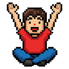 Fototapeta premium Pixel art illustration of a boy sitting cross-legged with arms raised in a joyful pose.