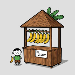 Obraz premium Cute cartoon illustration of a little boy with his banana fruit stall, a charming depiction of a local market and small business
