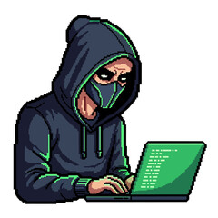 Pixel art illustration of a hacker wearing a hoodie and mask, typing on a laptop.