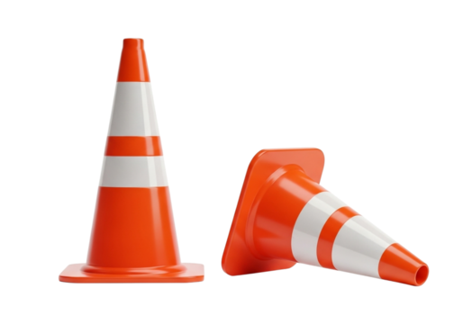 Two bright orange traffic cones one upright and one tipped over with reflective white stripes isolated on a stark black background transparent background