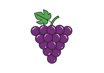 A simple, outlined illustration of a bunch of purple grapes with a stem and leaves against a black background.