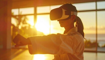 A girl practices martial arts while wearing a VR headset, symbolizing the fusion of tradition and immersive technology in training