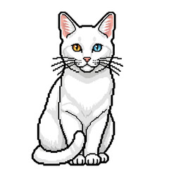 Obraz premium A pixelated white cat with striking eyes, sitting upright and facing forward.