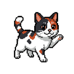 Pixelated calico kitten in a playful pose, digitally rendered.