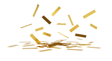 Golden rectangular metallic confetti pieces with corporate sheen dynamically falling and scattered on a pristine transparent studio background, high-key lighting, concept of celebration and success