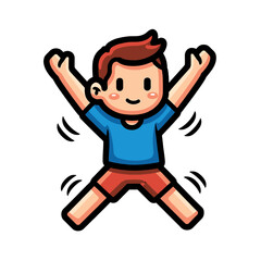 Fototapeta premium Cartoon boy jumping with arms and legs outstretched, cheerful expression.