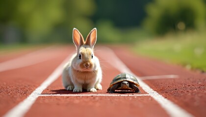 A playful bunny and tortoise sit at the starting line on a red running track, embodying perseverance and competition. The scene humorously contrasts speed and patience, highlighting a timeless fable.
