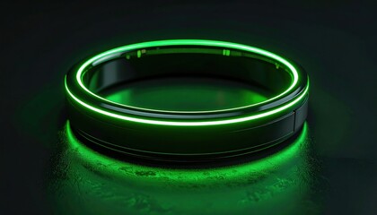 Futuristic glowing green ring on dark surface illustrating sci-fi aesthetics, energy symbolism, and virtual object concept for gaming or wearable tech