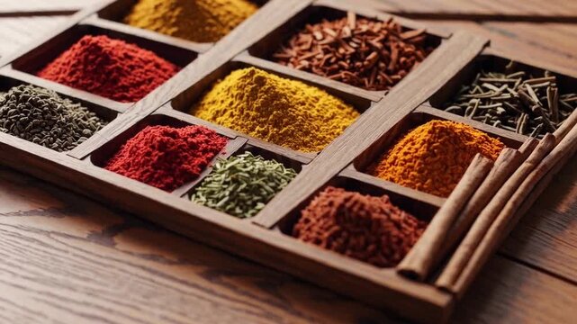 Colorful spice medley wooden box with aromatic ground dried vibrant powders and herbs, natural culinary seasoning rustic kitchen decor variety flavor