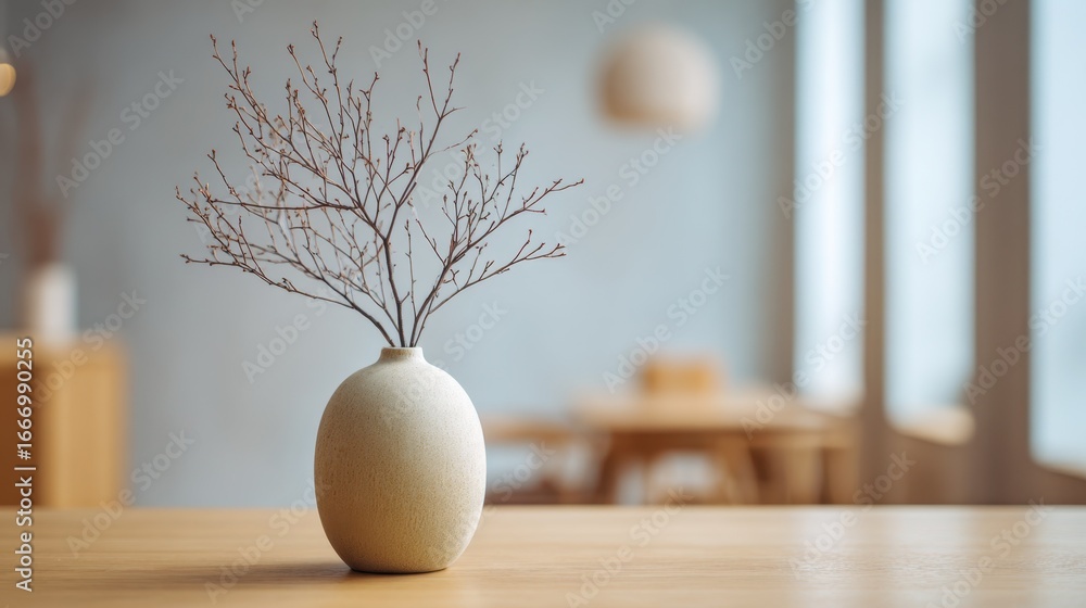 Aufkleber focused shot of a simple ceramic vase holding a single branch set on a smooth tabletop while the mut