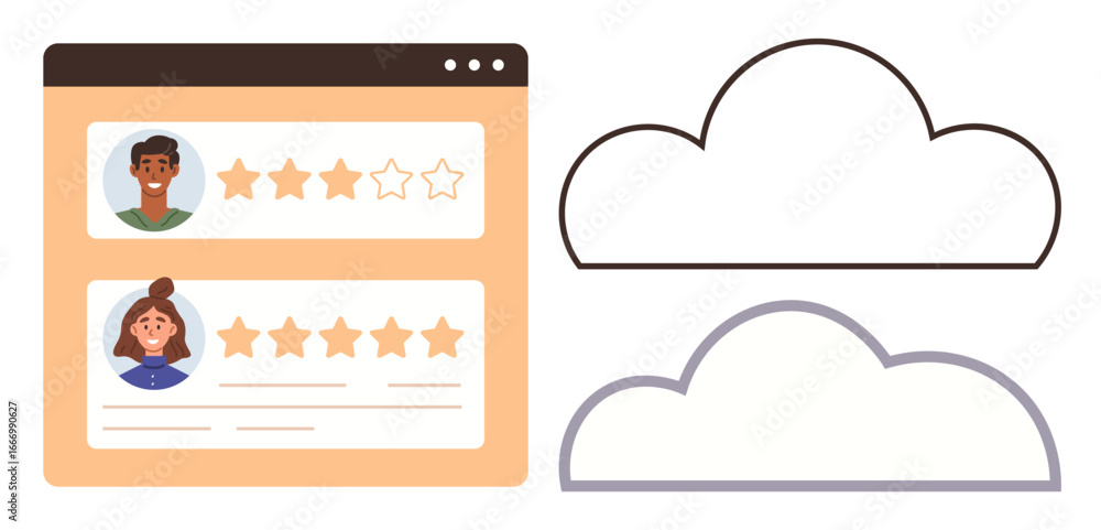 Poster browser interface with user profiles and star ratings beside two cloud outlines. ideal for feedback,