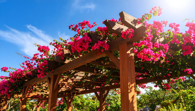 Blooming pergola with vibrant pink flowers under a blue sky on a sunny day