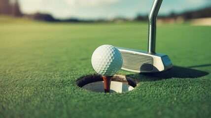 Golf ball rolling into the hole on a sunny putting green with a putter