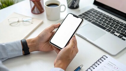 cell phone blank white screen mockup.hand holding texting using mobile on desk at office.background empty space for advertise.work people contact marketing business,technology