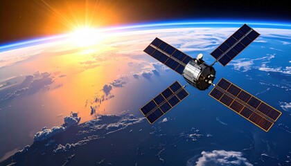 A satellite orbiting Earth with the sunrise on the horizon symbolizing space technology, communication, and global connectivity