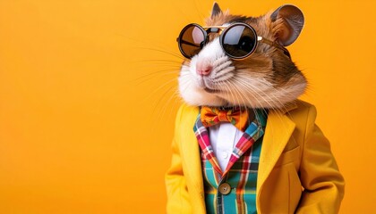Whimsical fashion concept with a hamster in vibrant yellow suit and bowtie exuding confidence and humor on a bold orange backdrop