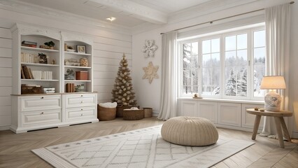 Photoreal Chicago townhouse kids room in luxury classic European design featuring north-facing daylight and ultra white with cocoa brown palette