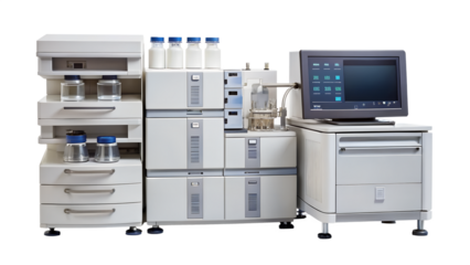 High performance liquid chromatography equipment isolated on transparent background, essential for chemical analysis and pharmaceutical research