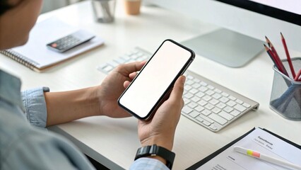 cell phone blank white screen mockup.hand holding texting using mobile on desk at office.background empty space for advertise.work people contact marketing business,technology