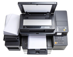 Top-Down Flat Lay of Desktop Copier Machine with Scanned Documents, Isolated PNG