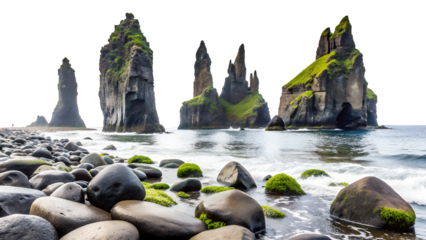 Picturesque reynisfjara beach with basalt rock formations, black sand, and the atlantic ocean isolated on transparent background