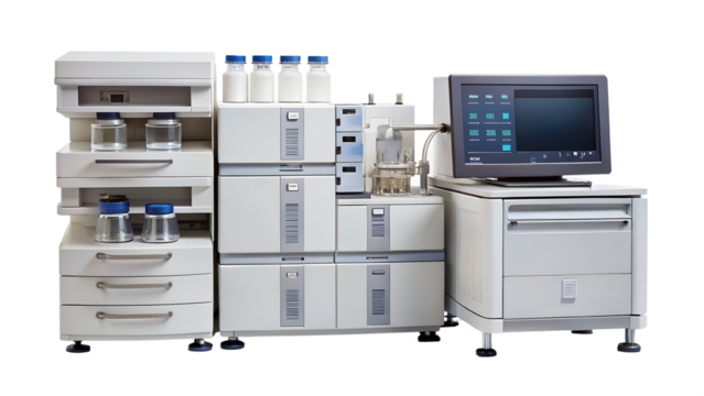 High performance liquid chromatography equipment isolated on transparent background, essential for chemical analysis and pharmaceutical research