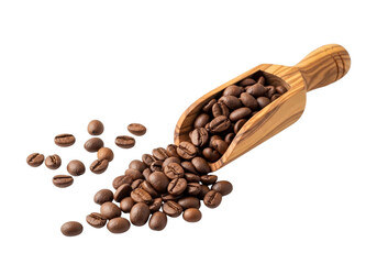 Rich roasted coffee beans spill from a wooden scoop creating an aromatic morning brew scene transparent background