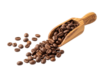 Rich roasted coffee beans spill from a wooden scoop creating an aromatic morning brew scene transparent background