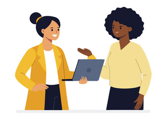 Two diverse businesswomen collaborating on a laptop discussing project ideas together indoors