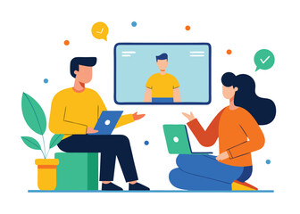 Online meeting illustration of two people collaborating remotely with a video call