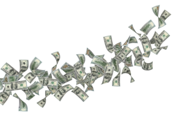 Hundred dollar bills flying in a dynamic swirl representing financial success and wealth accumulation transparent background