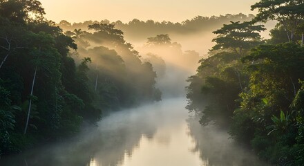 Naklejka premium Serene Sunrise Mist Over Lush Tropical River, Tranquil Jungle Landscape Photography