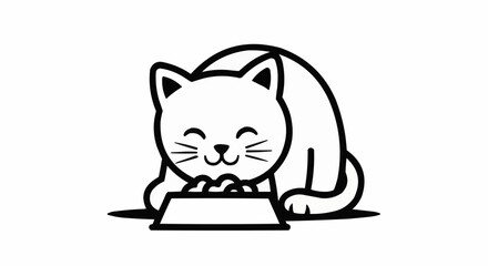 Cute Cat Eating from Food Bowl Illustration