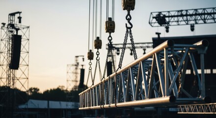 Sideview of multiple chain hoists synchronizing the elevation of a large triangular truss section in an outdoor venue.