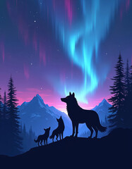 Wolf family silhouettes gaze at vibrant aurora borealis display above snow capped mountains. Mystical night sky in purple, blue, pink hues. Serene wilderness with pine forest evokes wonder.