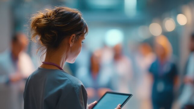 Close medium shot of a clinician using a tablet for quick learning snippets surrounded by softly blurred peers capturing the essence of a digital peertopeer microlearning ward